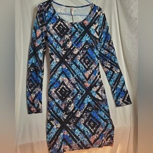 Geometric Blue Black Dress Long Sleeve Size Small Petite Stretchy Xhilaration